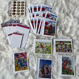 20 Patriotic cards, 30 envelope seals, 5 large notepads, 2 small notepads